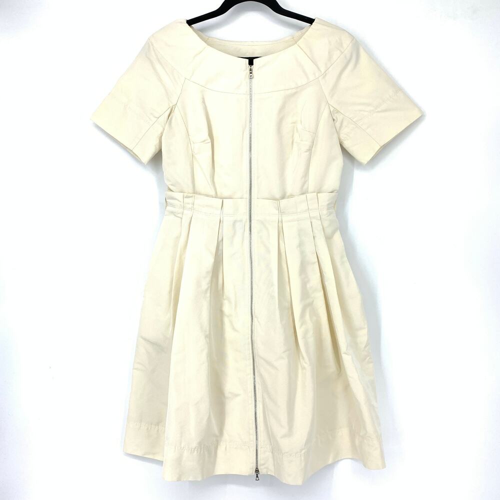 Lida Baday Women's Sz 4 Full Zip Pleated Mini Fit & Flare Dress Cream *NO BELT
